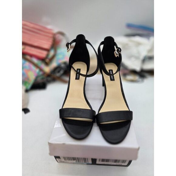 Nine West Black Faux Leather Open-Toe Ankle Strap Heels - Womens Size 8 - Picture 2 of 7